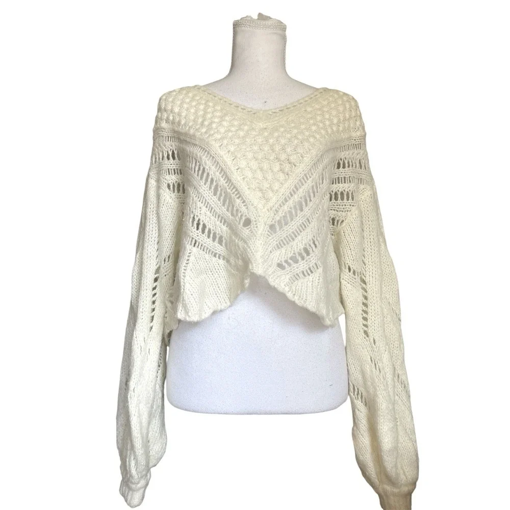 Free‎ People Ivory Snowball Cropped Sweater Wool Blend Open Knit Boho Chic Sz XS